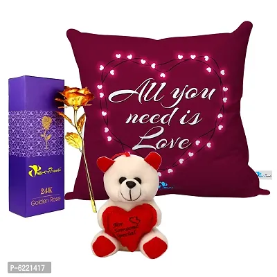 Valentine Gift Combo Printed Cushion with Filler, Artificial Gold Rose and Cute Little Teddy-075