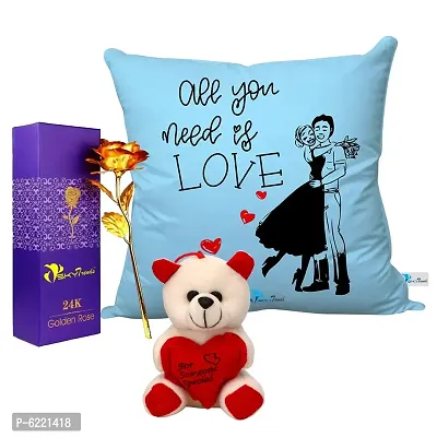 Valentine Gift Combo Printed Cushion with Filler, Artificial Gold Rose and Cute Little Teddy-076