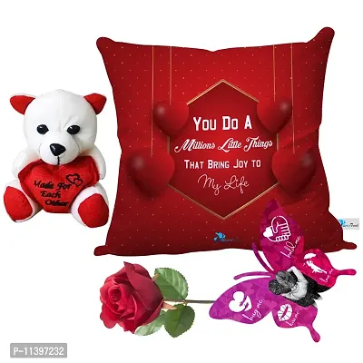 Valentine Gift Combo Printed Cushion with Filler, Cute Little Teddy with Butterfly Shaped Greeting Card and Artificial Rose