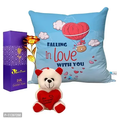 Valentine Gift Combo Printed Cushion with Filler, Artificial Gold Rose and Cute Little Teddy