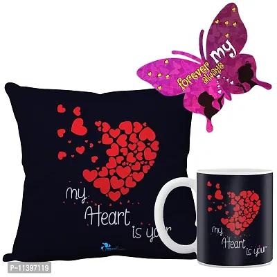 Valentine Gift Combo Printed Cushion with Filler, Coffee Mug With Butterfly Shaped Greeting Card