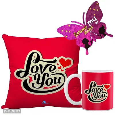 Valentine Gift Combo Printed Cushion with Filler, Coffee Mug With Butterfly Shaped Greeting Card