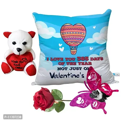 Valentine Gift Combo Printed Cushion with Filler, Cute Little Teddy with Butterfly Shaped Greeting Card and Artificial Rose-thumb0