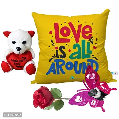 Valentine Gift Combo Printed Cushion with Filler, Cute Little Teddy with Butterfly Shaped Greeting Card and Artificial Rose
