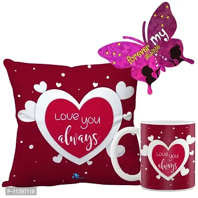 Valentine Gift Combo Printed Cushion with Filler, Coffee Mug With Butterfly Shaped Greeting Card-thumb0