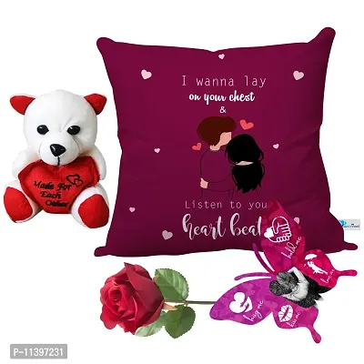 Valentine Gift Combo Printed Cushion with Filler, Cute Little Teddy with Butterfly Shaped Greeting Card and Artificial Rose