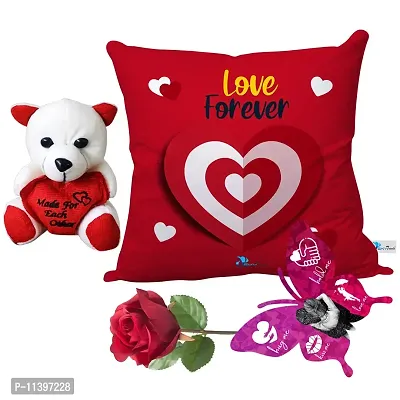 Valentine Gift Combo Printed Cushion with Filler, Cute Little Teddy with Butterfly Shaped Greeting Card and Artificial Rose