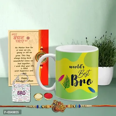 Rakhi Gift for Brother Printed Coffee Mug with Keychain, Rakhi, Greeting Card, Roli, chawal-thumb0