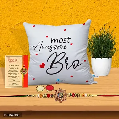 Rakhi Gift for Brother Printed Cushion cover with filler, Greeting card, Rakhi, Roli, chawal