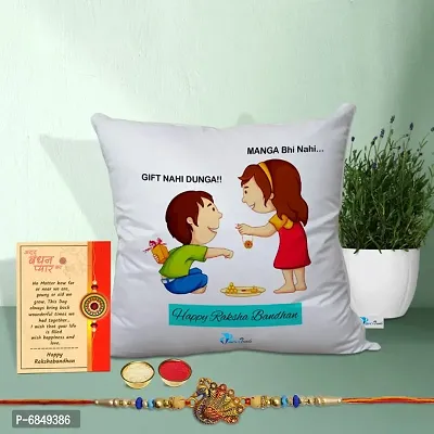 Rakhi Gift for Brother Printed Cushion cover with filler, Greeting card, Rakhi, Roli, chawal-thumb0