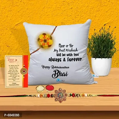 Rakhi Gift for Brother Printed Cushion cover with filler, Greeting card, Rakhi, Roli, chawal