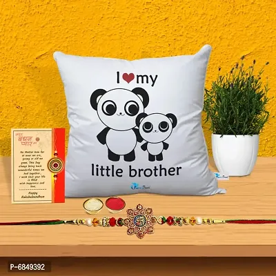 Rakhi Gift for Brother Printed Cushion cover with filler, Greeting card, Rakhi, Roli, chawal