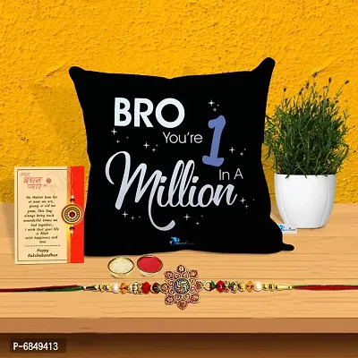 Rakhi Gift for Brother Printed Cushion cover with filler, Greeting card, Rakhi, Roli, chawal