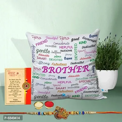 Rakhi Gift for Brother Printed Cushion cover with filler, Greeting card, Rakhi, Roli, chawal