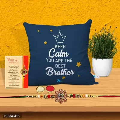 Rakhi Gift for Brother Printed Cushion cover with filler, Greeting card, Rakhi, Roli, chawal-thumb0