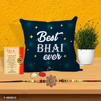 Rakhi Gift for Brother Printed Cushion cover with filler, Greeting card, Rakhi, Roli, chawal