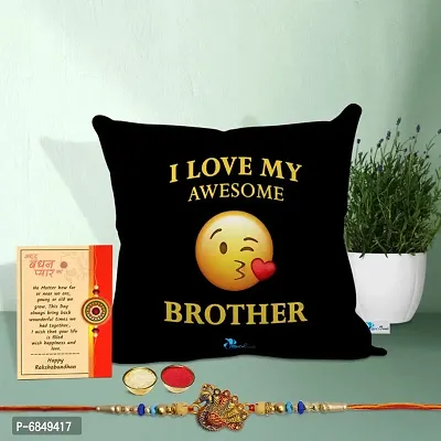 Rakhi Gift for Brother Printed Cushion cover with filler, Greeting card, Rakhi, Roli, chawal