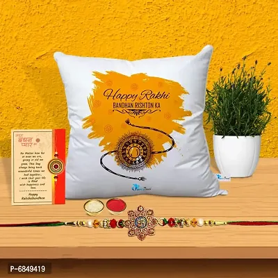 Rakhi Gift for Brother Printed Cushion cover with filler, Greeting card, Rakhi, Roli, chawal