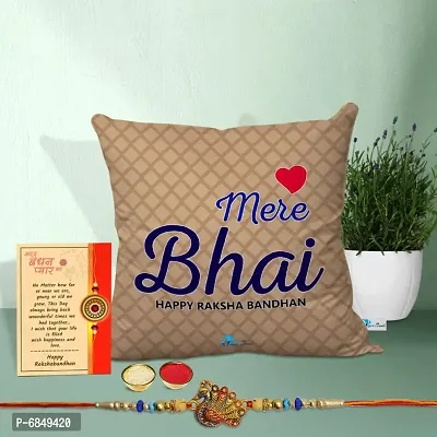 Rakhi Gift for Brother Printed Cushion cover with filler, Greeting card, Rakhi, Roli, chawal