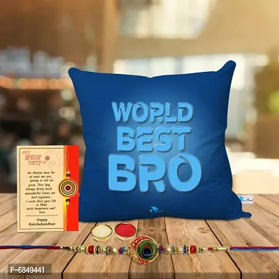 Rakhi Gift for Brother Printed Cushion cover with filler, Greeting card, Rakhi, Roli, chawal