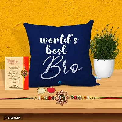 Rakhi Gift for Brother Printed Cushion cover with filler, Greeting card, Rakhi, Roli, chawal