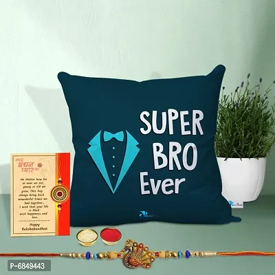 Rakhi Gift for Brother Printed Cushion cover with filler, Greeting card, Rakhi, Roli, chawal