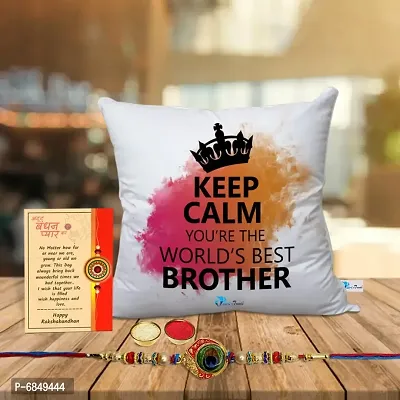 Rakhi Gift for Brother Printed Cushion cover with filler, Greeting card, Rakhi, Roli, chawal