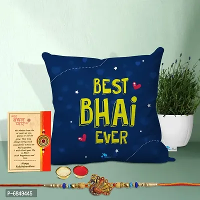 Rakhi Gift for Brother Printed Cushion cover with filler, Greeting card, Rakhi, Roli, chawal