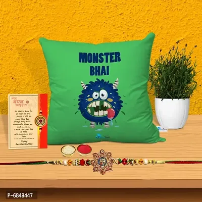 Rakhi Gift for Brother Printed Cushion cover with filler, Greeting card, Rakhi, Roli, chawal