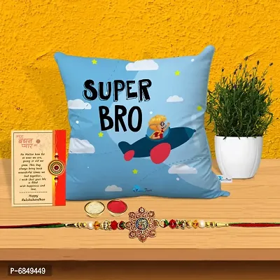 Rakhi Gift for Brother Printed Cushion cover with filler, Greeting card, Rakhi, Roli, chawal