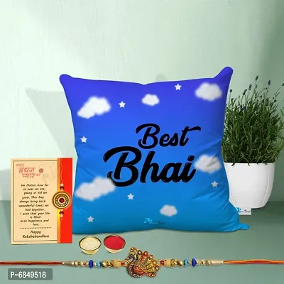 Rakhi Gift for Brother Printed Cushion cover with filler, Greeting card, Rakhi, Roli, chawal