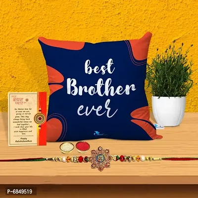 Rakhi Gift for Brother Printed Cushion cover with filler, Greeting card, Rakhi, Roli, chawal