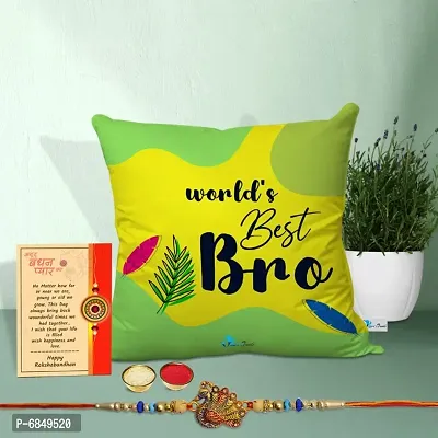 Rakhi Gift for Brother Printed Cushion cover with filler, Greeting card, Rakhi, Roli, chawal