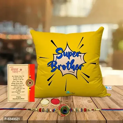 Rakhi Gift for Brother Printed Cushion cover with filler, Greeting card, Rakhi, Roli, chawal