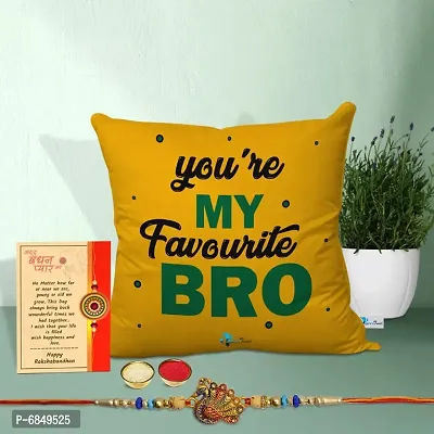 Rakhi Gift for Brother Printed Cushion cover with filler, Greeting card, Rakhi, Roli, chawal