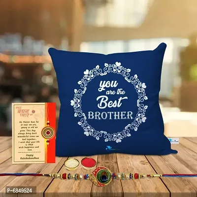 Rakhi Gift for Brother Printed Cushion cover with filler, Greeting card, Rakhi, Roli, chawal