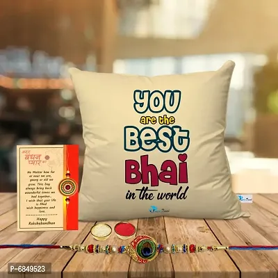 Rakhi Gift for Brother Printed Cushion cover with filler, Greeting card, Rakhi, Roli, chawal