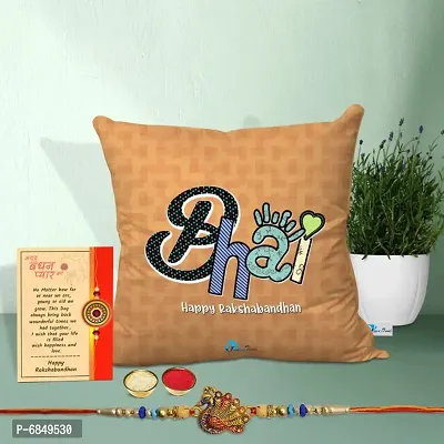 Rakhi Gift for Brother Printed Cushion cover with filler, Greeting card, Rakhi, Roli, chawal