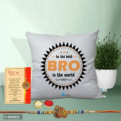 Rakhi Gift for Brother Printed Cushion cover with filler, Greeting card, Rakhi, Roli, chawal