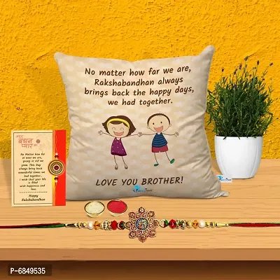 Rakhi Gift for Brother Printed Cushion cover with filler, Greeting card, Rakhi, Roli, chawal