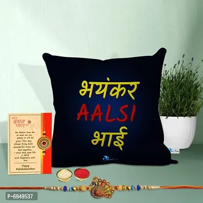 Rakhi Gift for Brother Printed Cushion cover with filler, Greeting card, Rakhi, Roli, chawal