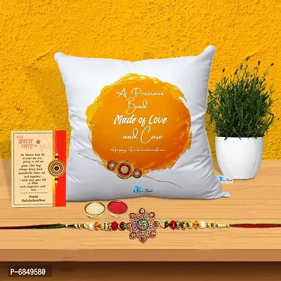 Rakhi Gift for Brother Printed Cushion cover with filler, Greeting card, Rakhi, Roli, chawal