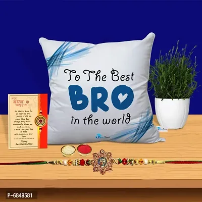 Rakhi Gift for Brother Printed Cushion cover with filler, Greeting card, Rakhi, Roli, chawal-thumb0