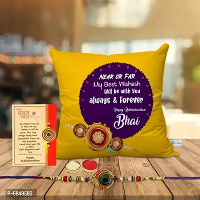 Rakhi Gift for Brother Printed Cushion cover with filler, Greeting card, Rakhi, Roli, chawal