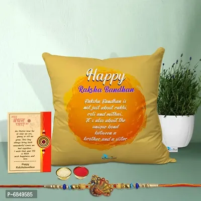 Rakhi Gift for Brother Printed Cushion cover with filler, Greeting card, Rakhi, Roli, chawal