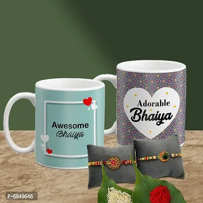 Rakhi Gift for Brother 2 Printed Coffee Mug with Rakhi, Roli, chawal