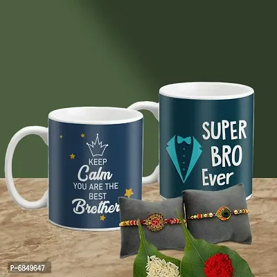 Rakhi Gift for Brother 2 Printed Coffee Mug with Rakhi, Roli, chawal