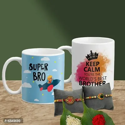 Rakhi Gift for Brother 2 Printed Coffee Mug with Rakhi, Roli, chawal