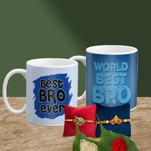 Rakhi Gift for Brother 2 Printed Coffee Mug with Rakhi, Roli, Chawal