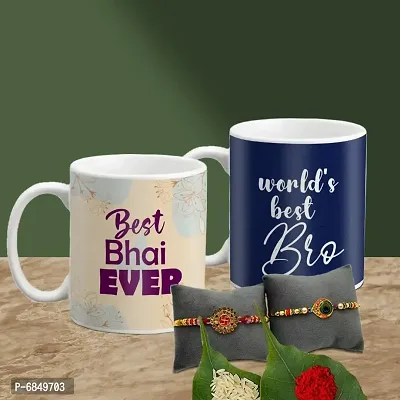 Rakhi Gift for Brother 2 Printed Coffee Mug with Rakhi, Roli, chawal